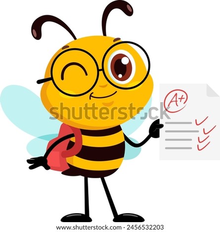 Cute School Bee Cartoon Character Holding An A Plus Report Card. Vector Illustration Flat Design Isolated On Transparent Background
