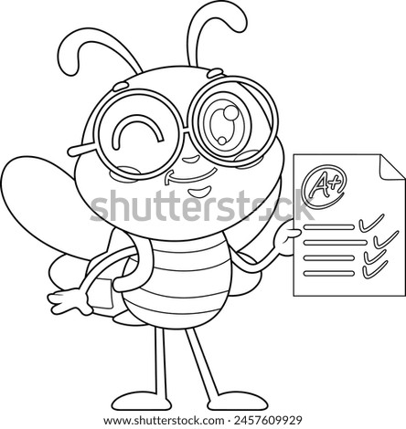 Outlined Cute School Bee Cartoon Character Holding An A Plus Report Card. Vector Hand Drawn Illustration Isolated On Transparent Background