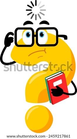 Cute Yellow Question Mark Cartoon Character Holding A NoteBooks And Thinks. Vector Illustration Flat Design Isolated On Transparent Background