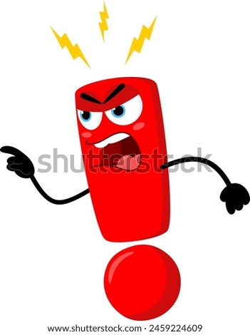 Angry Red Exclamation Mark Cartoon Character With Pointing Finger. Vector Illustration Flat Design Isolated On Transparent Background