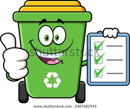 Green Recycle Trash Bin Cartoon Character Giving The Thumbs Up And Holding A Clipboard. Vector Hand Drawn Illustration Isolated On Transparent Background