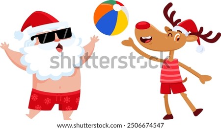 Summer Santa Claus And Reindeer Cartoon Characters Playing With A Ball On The Beach. Vector Illustration Flat Design Isolated On Transparent Background