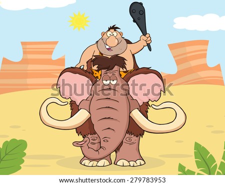 Happy Caveman Over Mammoth. Vector Illustration With Background