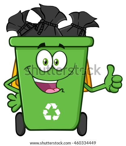 Happy Green Recycle Bin Cartoon Mascot Character Full With Garbage Bags Giving A Thumb Up. Vector Illustration Isolated On White Background