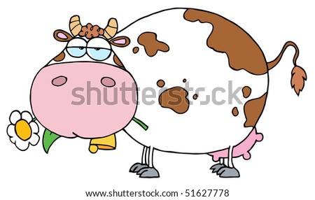 Cartoon Character Farm Dairy Cow With Flower In Mouth Stock Vector ...