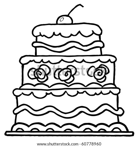 triple tiered outlined wedding cake with frosting and a cherry