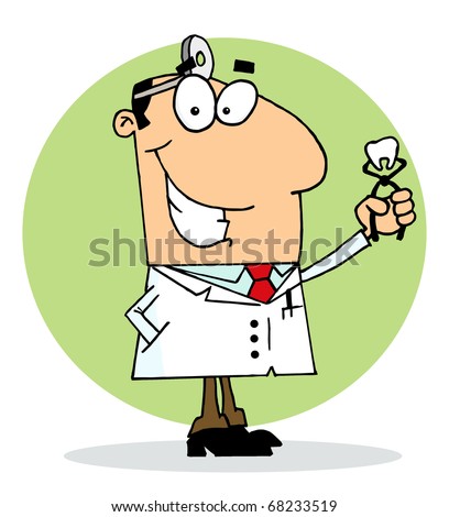 Caucasian Cartoon Dentist Man Holding A Pulled Tooth