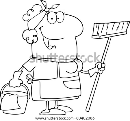 Outlined Cleaning Lady Cartoon Character