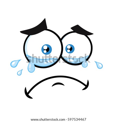 Crying Cartoon Funny Face With Tears And  Expression. Vector Illustration Isolated On White Background