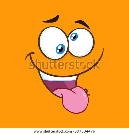 Mad Cartoon Funny Face With Crazy Expression And Protruding Tongue. Vector Illustration With Orange Background