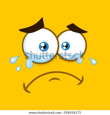 Crying Cartoon Square Emoticons With Tears And  Expression. Vector Illustration With Yellow Background