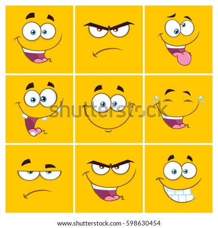 Yellow Cartoon Square Emoticons With Expression Set 2. Vector Collection Isolated On White