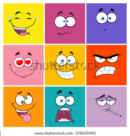 Square Cartoon Emoticons Different Color With Expression Set 2. Vector Collection Isolated On White