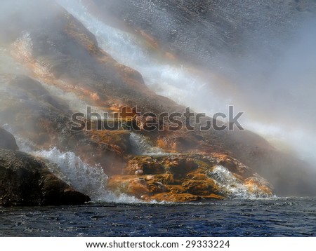 Yellowstone National Park hot geyser water overflowing into Firehole river