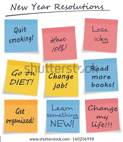 Mix of new year resolution or lifestyle self improvement notes, easily selectable, white background