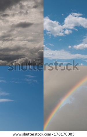 Four seasons weather backgrounds, skies. Sunshine, Cloudy, stormy and natural rainbow.