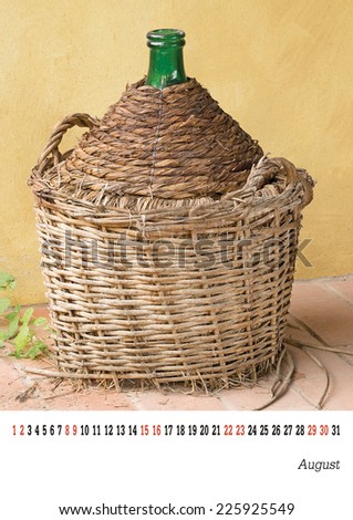 Calendar 2015 August. Easily customisable template. Old wine jar, demijohn aka carboy.