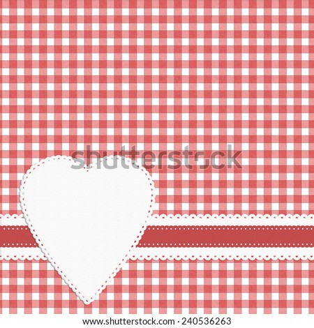 Gingham heart and ribbon background, red and white. Square crop.