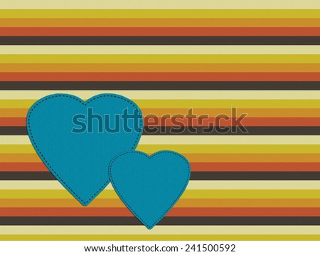 Seventies style retro palette background, textured stripes with patch sewn effect hearts. Red, orange, brown, yellow and petrol blue.