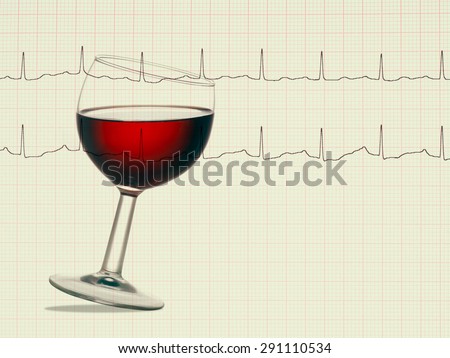 Composite image. ECG electrocardiogram and red wine. Apparently good for our heart.