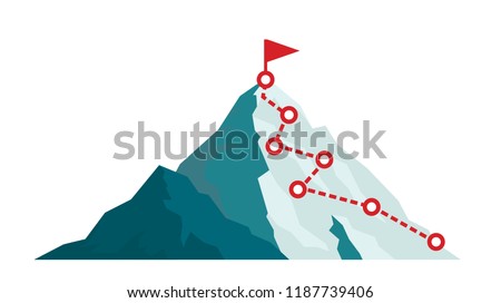 Mountain climbing route to peak in flat style. Business journey path in progress to success vector illustration. Mountain peak, climbing route to top rock illustration