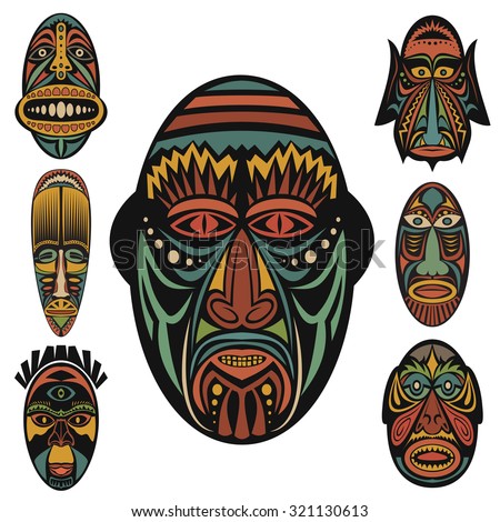 Set of African Ethnic Tribal masks on white background. . Flat icons. Ritual symbols.