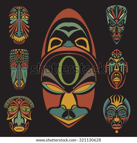 Set of African Ethnic Tribal masks on black background. Flat icons. Ritual symbols.