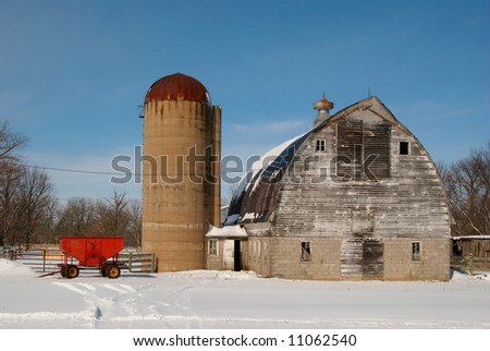 winter barn, with wagon and silo