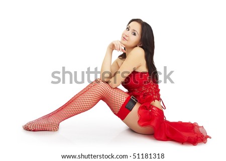 Picture of a charming adorable young girl in red dress. Isolated over white