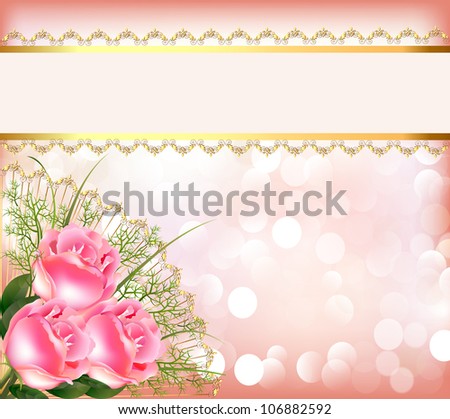 illustration festive background with bouquet of the roses, tape with lace