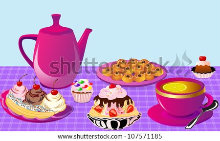 illustration tea with lemon and fruit cake, cake of the bun