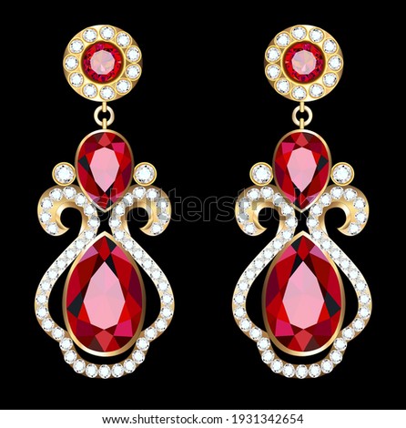 Illustration of jewelry gold earrings with precious stones