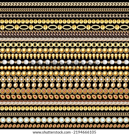 Illustration seamless pattern gold jewelry chains and beads borders 