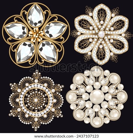 Illustration of a set of gold jewelry with eagle owl pendants, brooches
 with precious stones and pearls