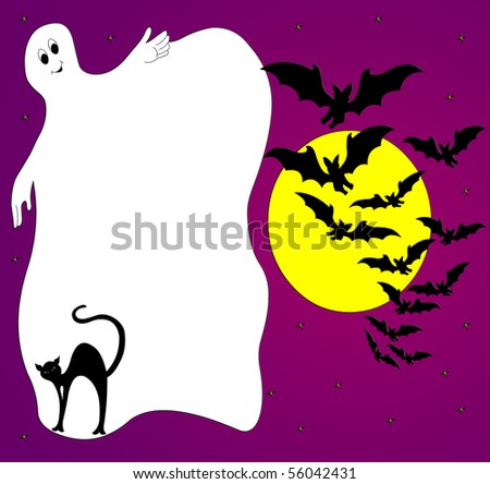 The Ghost with cat and bats on background of the moon.