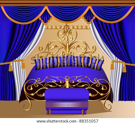 illustration room with blind and bed with gold(en) pattern