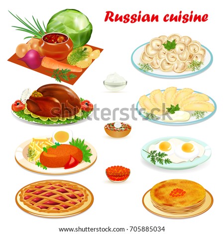 Illustration set of Russian cuisine with soup, dumplings pancakes, scrambled eggs, hamburger and cake