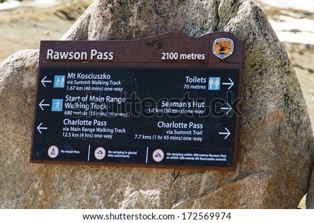KOSCIUSZKO NATIONAL PARK, AUSTRALIA - NOVEMBER 18: Tourist sign at Rawson Pass in Kosciuszko NP, Australia on November 18, 2013. Kosciuszko mountain is the highest in Australia (2228 m)