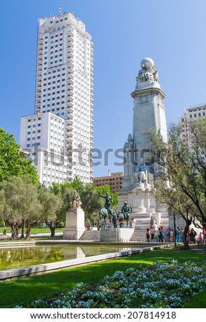 MADRID, SPAIN - MAY 9, 2014: Sculpture of Don Quixote on the Plaza de Espana, Madrid, Spain. Fictional character of Miguel Cervantes novel, who was a Spanish novelist, poet and playwright