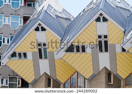 ROTTERDAM, NETHERLANDS - NOVEMBER 10: The famous cube houses designed by Piet Blom on November 10, 2014 in Rotterdam, Netherlands. They represents a village where each house is a tree.