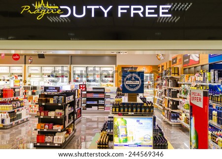 PRAGUE, CZECH REPUBLIC - NOV 08: Duty Free shop on Nov 8, 2014 in Prague. Czech Rep. Duty free shops are retail outlets that are exempt from the payment of certain local or national taxes and duties