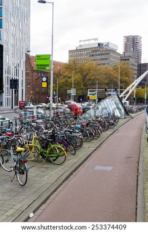 ROTTERDAM, THE NETHERLANDS - NOVEMBER 09: Bicycle parking by the street in Rotterdam, The netherlands on November 09, 2014.