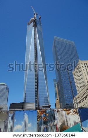 NEW YORK - MAY 2:  The 408-foot spire was placed on the top of 1 World Trade Center, which is under construction in New York City, NY, USA on May 2, 2013.