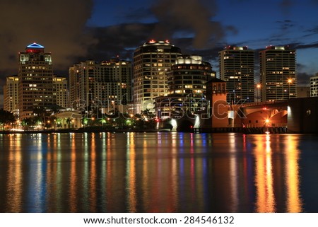 Beautiful skyline of West Palm Beach, Florida at night, as seen from Palm Beach