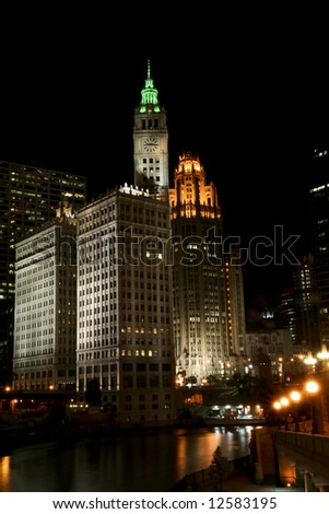 Chicago River at Night, and the Wrigley Building in Lights