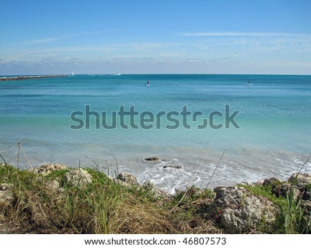Beautiful coastline of South Florida on the clear Atlantic Ocean, with shades of blue
