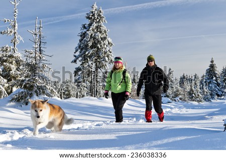 Man and woman young couple hikers hiking with akita dog on trekking in winter mountains. Trekkers walking on white powder snow in beautiful forest, outdoors landscape. Happiness and friendship.