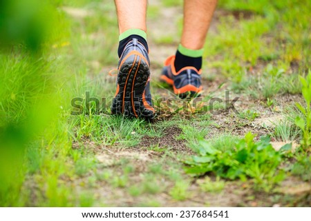 Sports shoes walking or jogging on green grass, man runner cross country running on trail in summer forest. Athlete male training and doing workout outdoors in nature. Jogging workout fitness concept.
