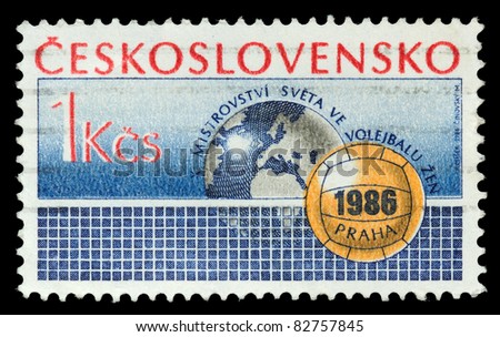CZECHOSLOVAKIA - CIRCA 1986: A stamp printed in Czechoslovakia, shows Volleyball, net, globe, circa 1986