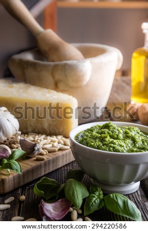 traditional sauce for pasta made with basil, parmesan, pine nut and olive oil, Shallow depth of field